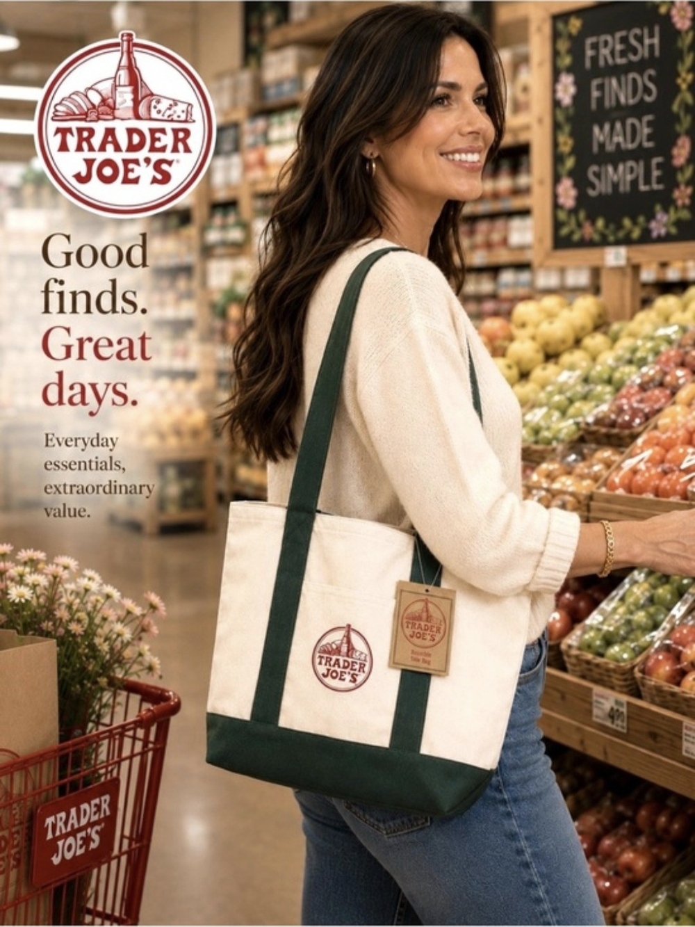 Traders Joe Large Canvas Tote Bag in Cream and Navy Blue